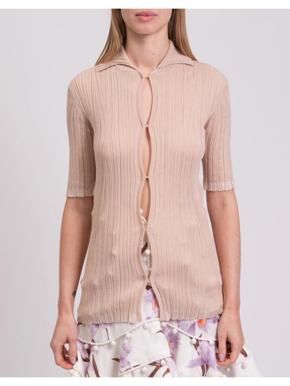 McQ Alexander McQueen Ribbed Knit Hook Front Top Beige Short Sleeve Size M NWT